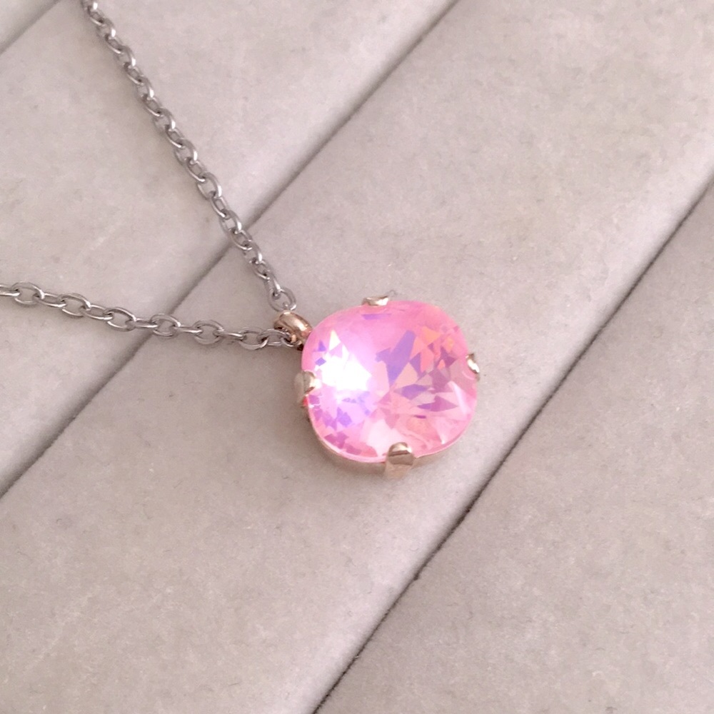 Pink Opal Aurora Borealis + Silver Cushion Cut Crystal Drop Pendant Necklace - Picture 7 of 7